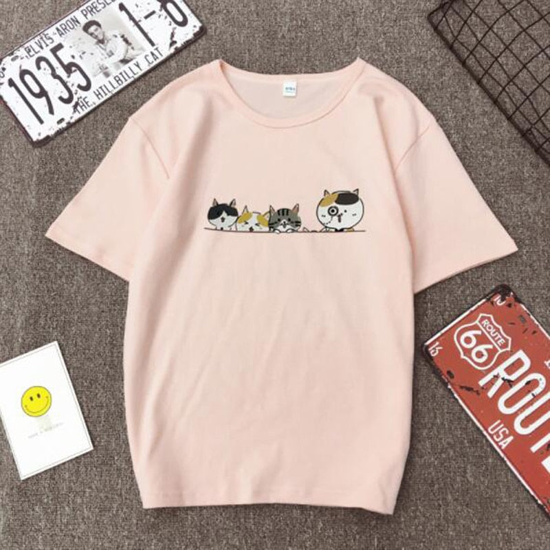 T shirt Women Four Little Cartoon Cat Print