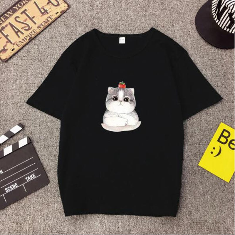 Cute Fat Cat Print T shirt Woman